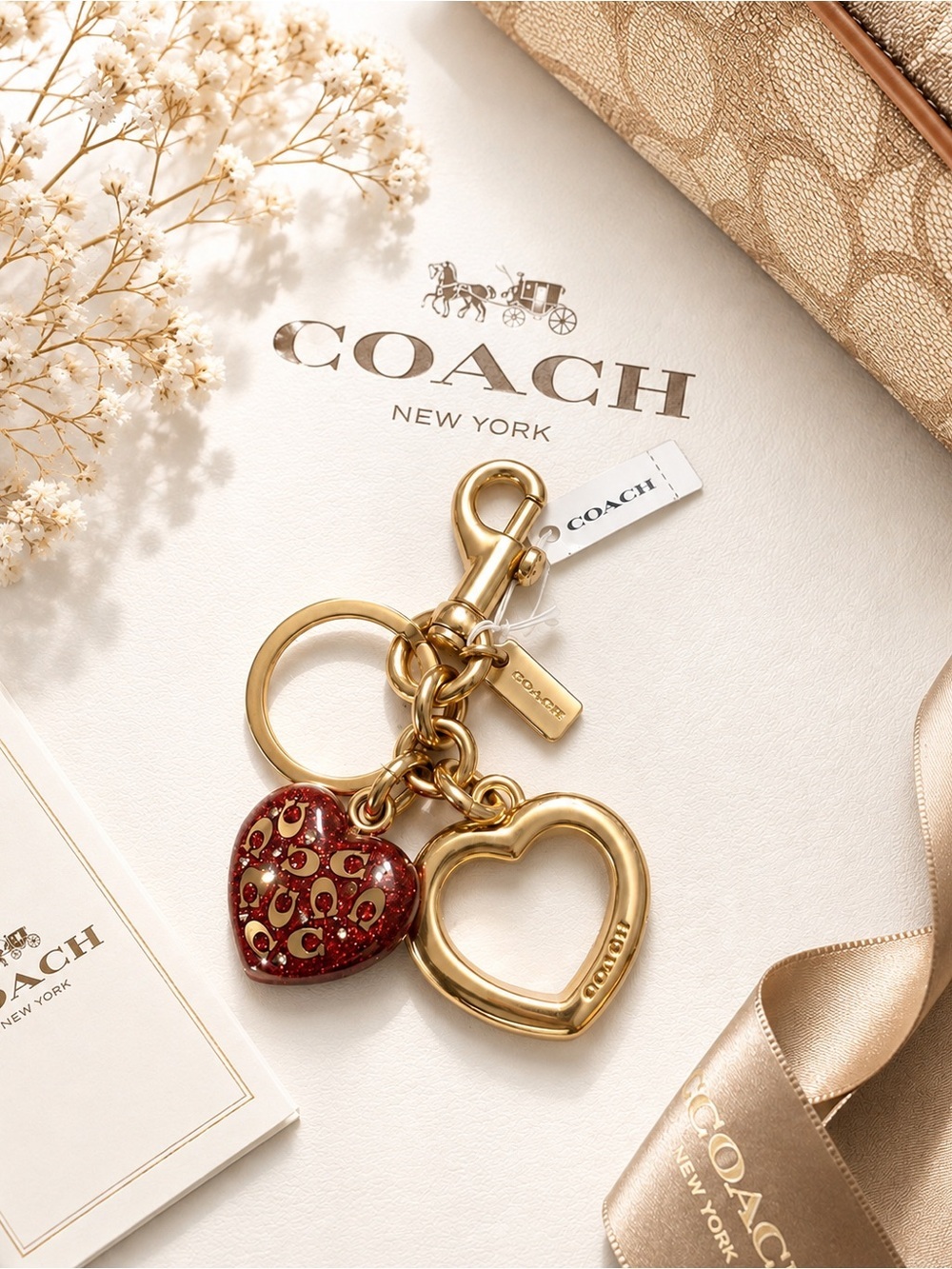 COACH Heart Bag Charm / Keychain – Gold Tone & Red Glitter Heart – NWT